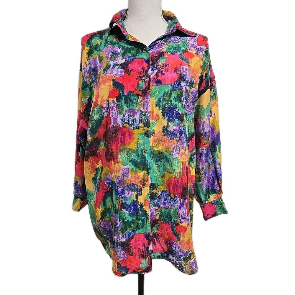 Basic Editions 100% SILK Watercolor Button Up Long Sleeve Top Retro Women's Sz L